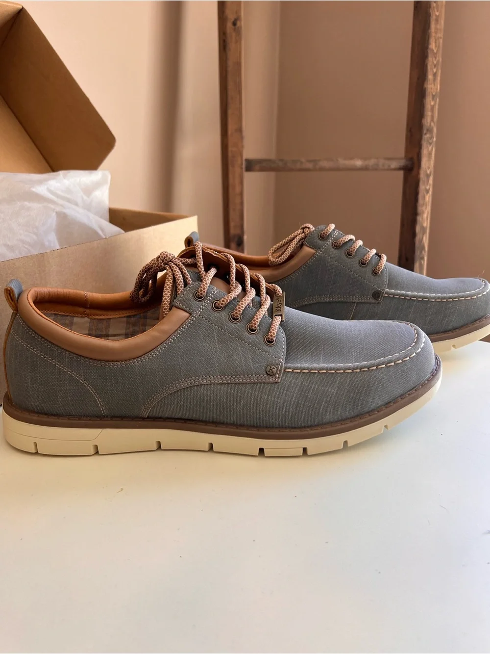 Men's Casual Blue Gray Canvas Lace-Up Shoes with Brown Trim